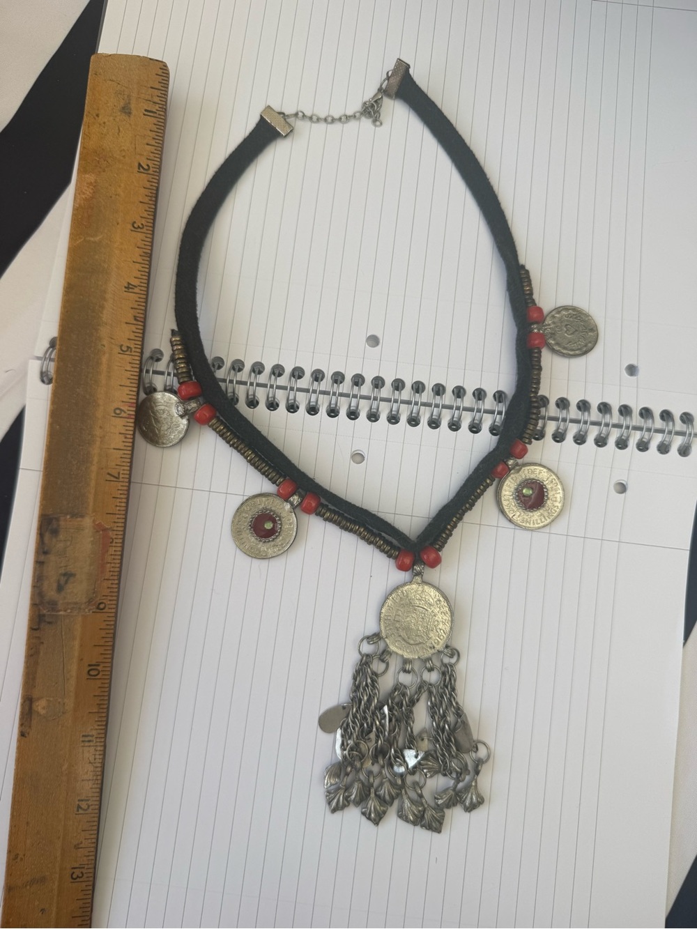 Vintage Bohemian Black Cord Necklace with Silver Coin Pendants and Red Accents